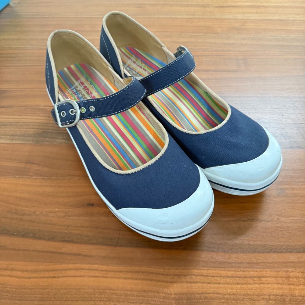 Dansko Vegan Navy Blue Canvas Mary Jane Platform Clogs Size 38